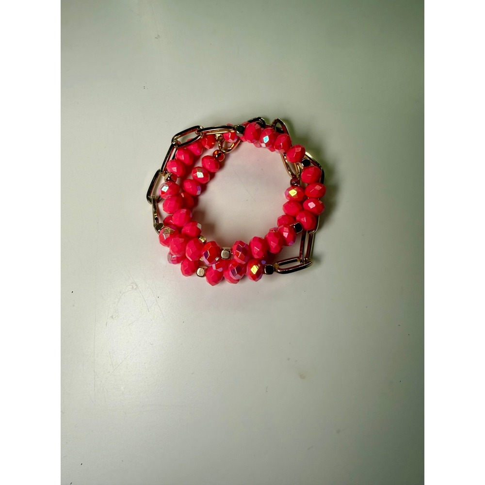 Set of 3 Neon Pink Faceted Bead and Gold Tone Paperclip Chain Stretch Bracelets - Picture 2 of 4